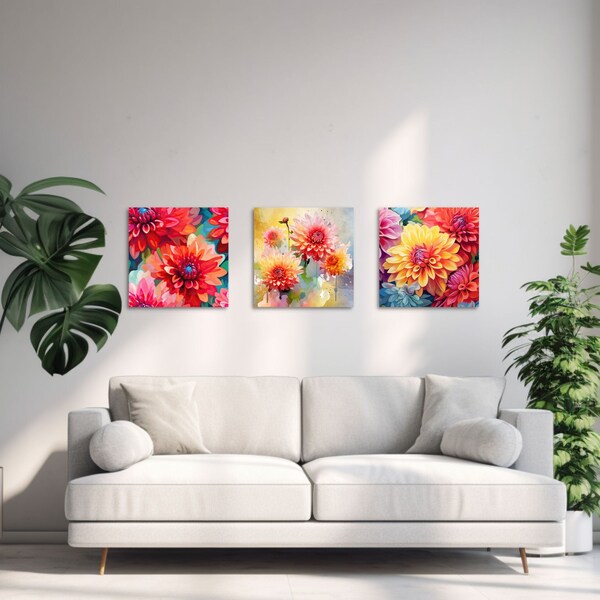 Zomerbloesems: set van 3 decoratieve canvasafdrukken geïnspireerd op dahlia's