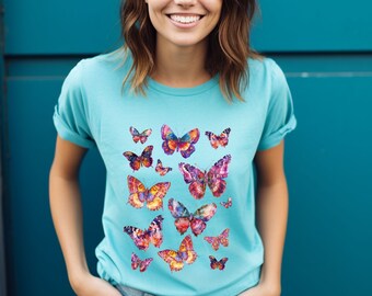 T-Shirt Schmetterlinge, Damen Top, Boho T-Shirt Geschenk für Naturliebhaber