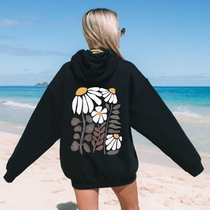 Boho Hoodie mit botanischem Druck, trendy Pulli Blumenmuster, Gärtnerin Geschenk