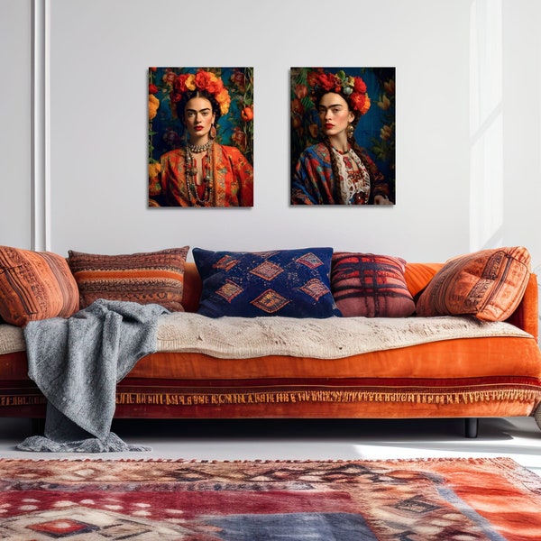 Leinwand Bild Frida Kahlo Style, Boho Dekor, Wandkunst, Wandbilder für Wohnzimmer,  Frauen Power