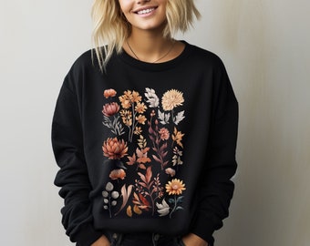 Sweat-shirt botanique, style bohème, sweat-shirt cottagecore vintage, pull floral fairycore, fleurs pressées, chemise fleurs sauvages