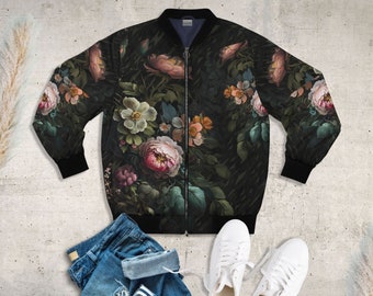 Unisex Bomberjacke mit Boho Blumenmuster, Dark Botanical Style, Bomberjacke Herren Print, Floral bedruckter Blouson, Boho-Style