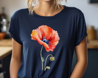 Poppy Blossom aquarel T-shirt voor dames – aansluitend T-shirt met klaproosontwerp