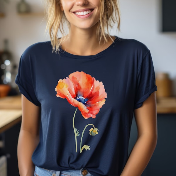 T-shirt aquarelle fleurs de pavot pour femme – T-shirt ajusté à motif coquelicot