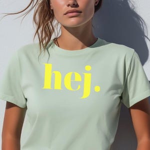 Trendy T-shirt Hej, Handprinted Tee, Swedish Greeting, Gift for Minimalists and Sweden Lovers