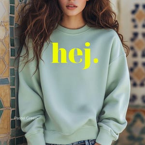 Trendy Sweatshirt Hej, Handprinted Sweater, Swedish Greeting, Gift for Minimalists and Sweden Lovers Pastel Green