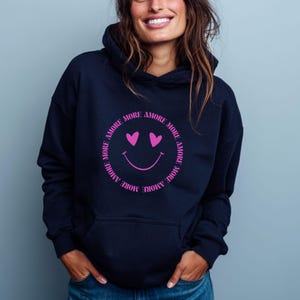 Hoodie More Amore, Positive Vibes Unisex Sweater Navy Pink Print