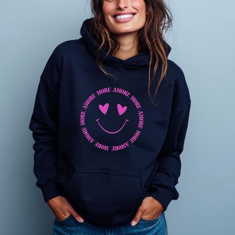 Hoodie More Amore, Positive Vibes Unisex Sweater Navy Pink Print