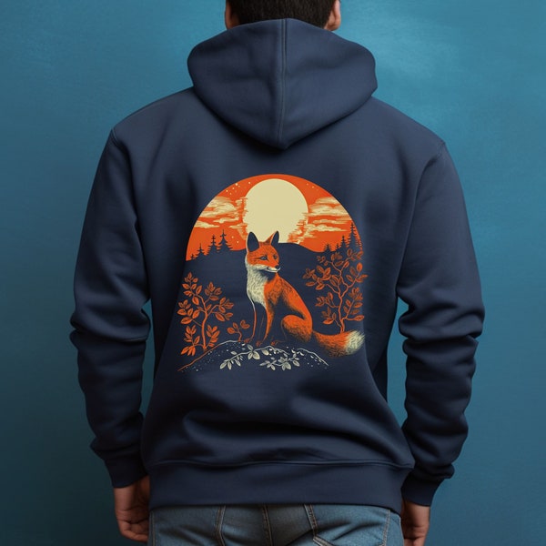 Hoodie mit Fuchs, Unisex Kapuzenpullover mit mystischem Waldtier, künstlerisches Sweatshirt im Linoldruck-Stil