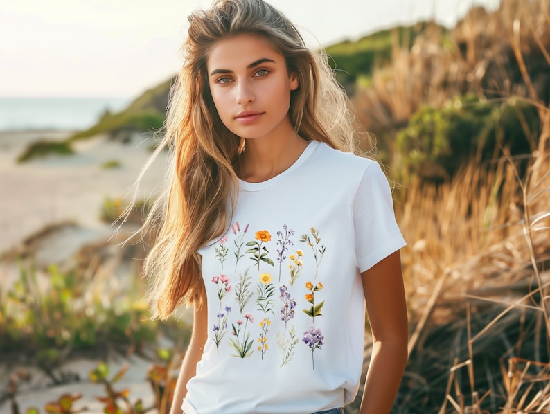 Wildflowers T-Shirt, Botanical Ladies Shirt with Pressed Flowers