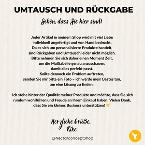 May include: A text-based image with a white background and black text. The text reads "UMTAUSCH UND R&Uuml;CKGABE" and "Sch&ouml;n, dass Sie hier sind!" followed by a paragraph of text about returns and exchanges. The text ends with "Herzliche Gr&uuml;&szlig;e, Rike" and "@NectarconceptShop".