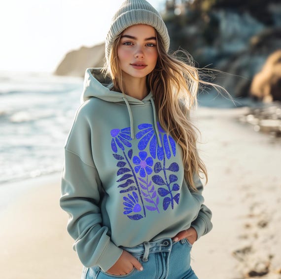 Ladies Hoodie Abstract Boho Flowers, Organic Women's Sweater, Retro Botanical Style, Sustainable Gift