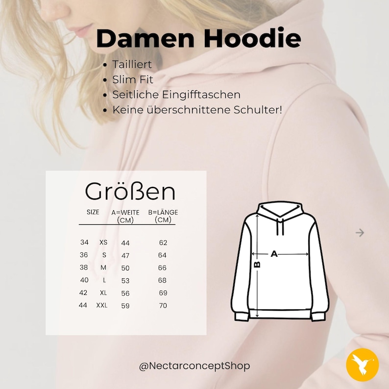May include: A light pink hooded sweatshirt featuring a size chart with measurements in centimeters. The text includes Damen Hoodie, Tailliert, Slim Fit, Seitliche Eingifftaschen, Keine &uuml;berschnittene Schulter, Gr&ouml;ssen, Size, Weite, and L&auml;nge.