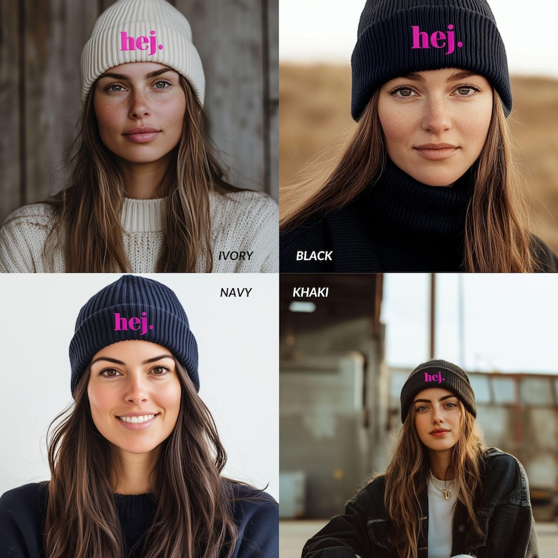 May include: Four ribbed knit beanies in ivory, black, navy, and khaki. Each beanie has the word "hej." in pink. The beanies are shown on different people.