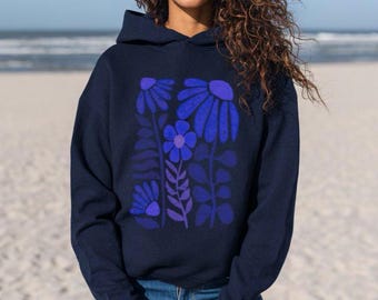 Ladies Hoodie Boho Flowers, Organic Sweater Handprinted