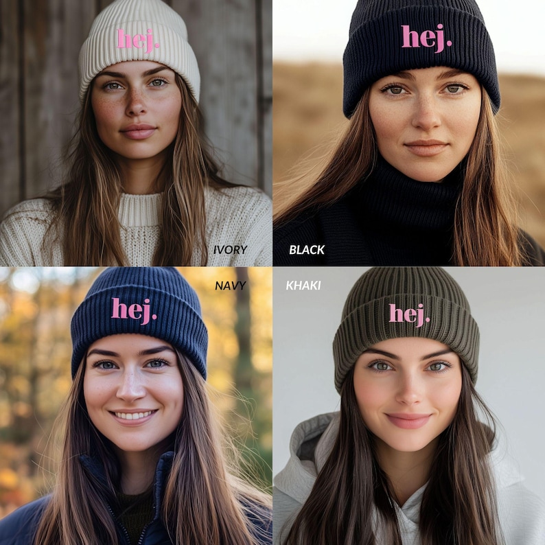 May include: A selection of ribbed knit beanies in ivory, black, navy, and khaki. Each beanie has the word "hej." in pink lettering. The beanies are shown on different people.