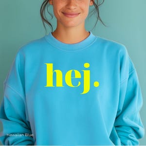 Trendy Sweatshirt Hej, Handprinted Sweater, Swedish Greeting, Gift for Minimalists and Sweden Lovers Hawaii Blue