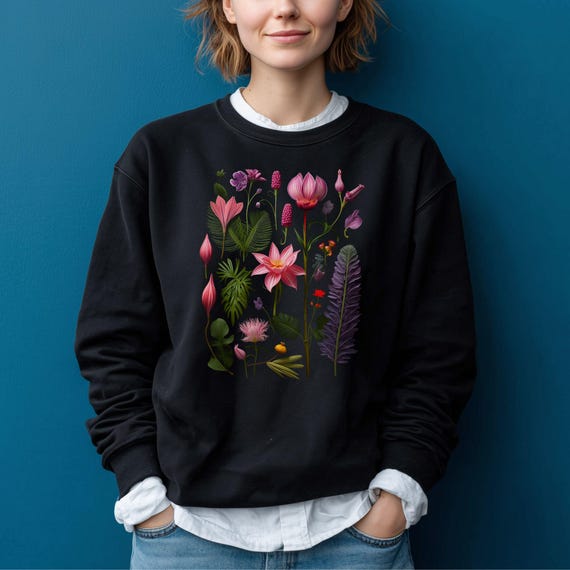 Boho Sweatshirt, Dark Botanical Floral Print Pullover