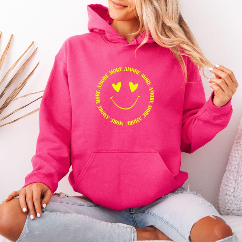 Hoodie More Amore, Positive Vibes Unisex Sweater Hot Pink