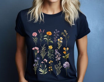 Wildflowers T-shirt, botanisch damesshirt met geperste bloemen