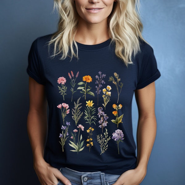 Wildblumen T-Shirt für Damen - Botanisches Shirt mit gepressten Blumen