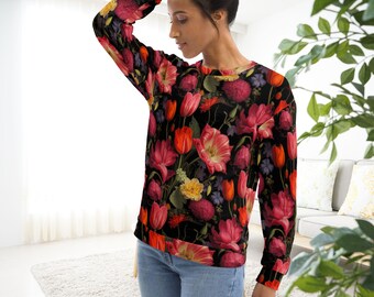 Pullover Frühlingsblumen, Sweatshirt allover bedruckt, Pulli im Boho-Stil, Wildblumen Shirt