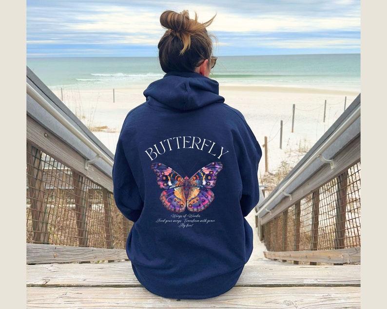 Navy Hoodie Butterfly, Ladies Sweater with Backprint "Wings of Wonder"