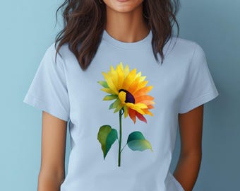 T-Shirt Sunflower, Organic Tee, Handprinted Summer Tee