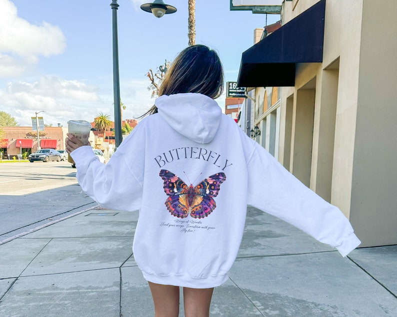 White Hoodie Butterfly, Ladies Sweater with Backprint "Wings of Wonder"