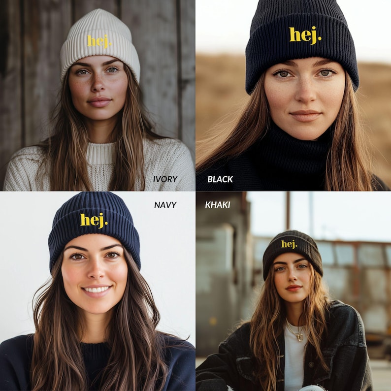 May include: Four ribbed beanies in ivory, black, navy, and khaki. Each beanie features the word "hej." embroidered in yellow. The beanies have a folded cuff. The image shows the beanies on different people.