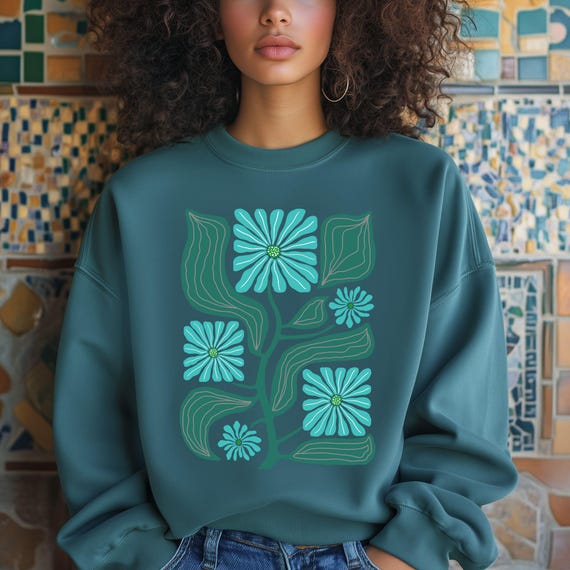 Sweatshirt Boho Flowers, Handprinted Unisex Sweater