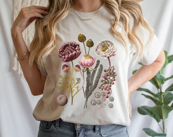 T-shirt Boho Flowers, maglietta organica con stampa di fiori selvatici, stile vintage