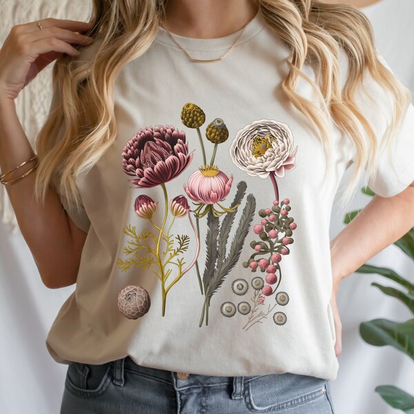 Botanisches T-Shirt Biobaumwolle, Wildblumen Shirt im Boho Stil, Vintage-Look