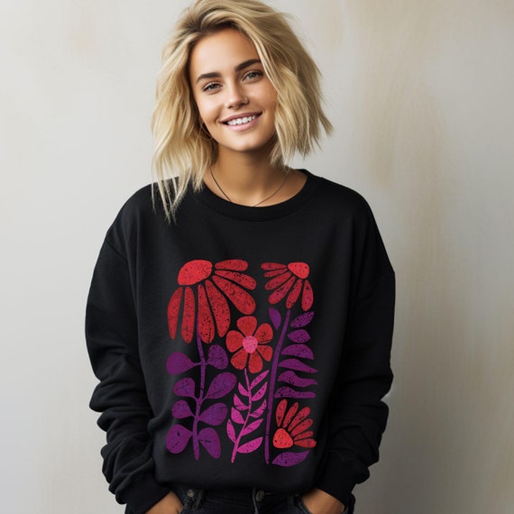 Boho Flowers Sweatshirt, Floral Unisex Sweater, Retro Botanical Style