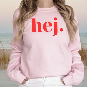 Trendy Sweatshirt Hej, Handprinted Sweater, Swedish Greeting, Gift for Minimalists and Sweden Lovers Babypink