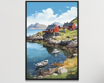 Lofoten Islands Watercolor Print, Norway Landscape Art (Digital Download)