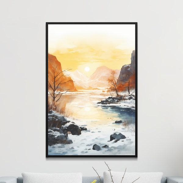 Watercolor Fjord Printable Digital Art. Naeroyfjord Landscape Painting. Printable Wall Art Design. Modern Vintage Decor