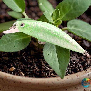 May include: A green and white fishing lure with a silver hook. The lure is sitting on top of a pot of soil with green leaves.