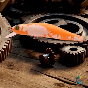 May include: Orange and white fishing lure with a realistic fish design. The lure is lying on a wooden surface with metal gears.