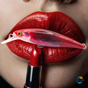 May include: A red lipstick tube with a red bullet, held by a pair of lips with a pink and red fishing lure in between them.