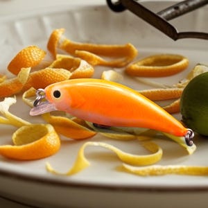 May include: An orange and white fishing lure with a silver hook. The lure is sitting on a white plate with orange peel.