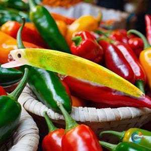 May include: A yellow and green fishing lure with a pink lip, surrounded by red and green peppers in a wicker basket.