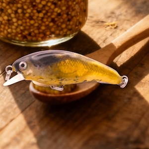 May include: A yellow and black fishing lure with a white bill, resting on a wooden spoon. The lure has a hook and eyelets for attaching to a fishing line. A jar of mustard seeds is in the background.