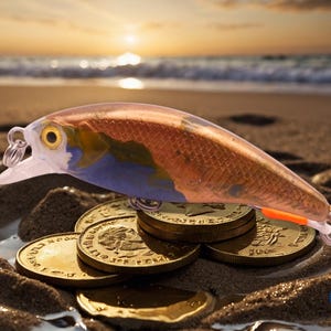 May include: A realistic-looking fishing lure with a red, orange, and blue paint job, lying on a sandy beach with several gold coins.