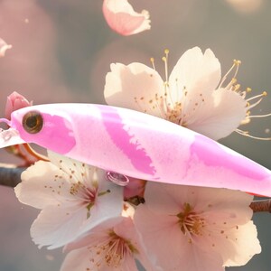 May include: A pink and white fishing lure with a realistic fish design. The lure is sitting on a branch with pink blossoms.