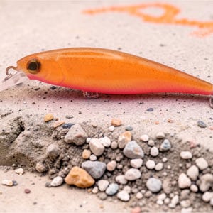 May include: An orange and pink fishing lure with a clear plastic lip and a silver hook. The lure has a speckled finish and a black eye. The lure is designed to attract fish and is used in freshwater or saltwater fishing.
