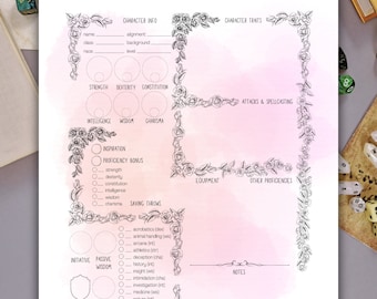 DnD Character Sheet: Flower Rose, Pink Fillable Floral Druid Dungeons and Dragons 5e Stat Sheet, D&D Character Sheets, Digital Download PDF