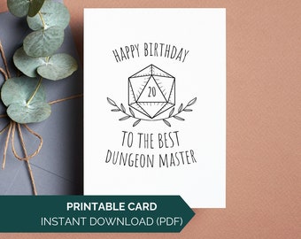 Tarjeta de cumpleaños de Dungeons and Dragons, tarjeta de feliz cumpleaños para el mejor Dungeon Master, tarjeta de cumpleaños imprimible para un esposo friki, tarjeta D&D DND D20