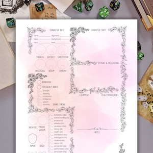 DnD Character Sheet: Flower Rose, Pink Fillable Floral Druid Dungeons and Dragons 5e Stat Sheet, D&D Character Sheets, Digital Download PDF