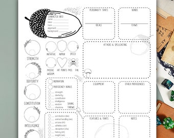 DnD 5e karaktärsblad: Natur, ifyllningsbart Dungeons & Dragons Druid karaktärsblad, digitalt nedladdningsbart PDF, jordnära skog DnD statistikblad